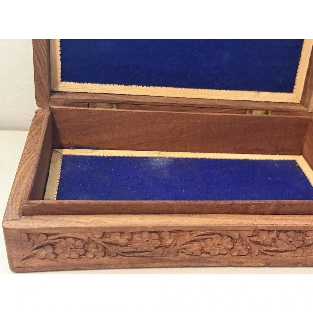 Vintage India Hand Carved‎ Handmade Wood Box Jewelry Trinket Floral Flowers Blue